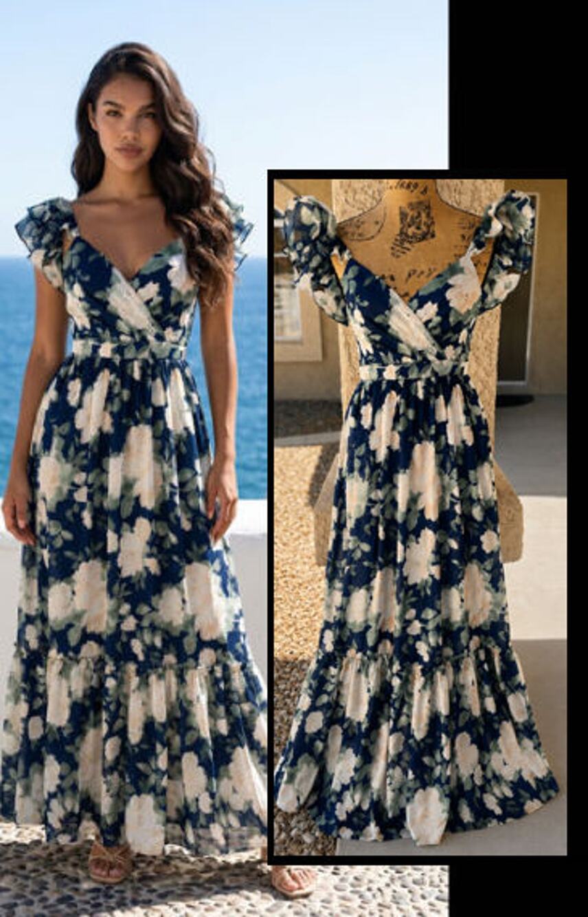 Lulus Soiree Perfection Navy Floral Ruffled Tiered Maxi Dress Size S